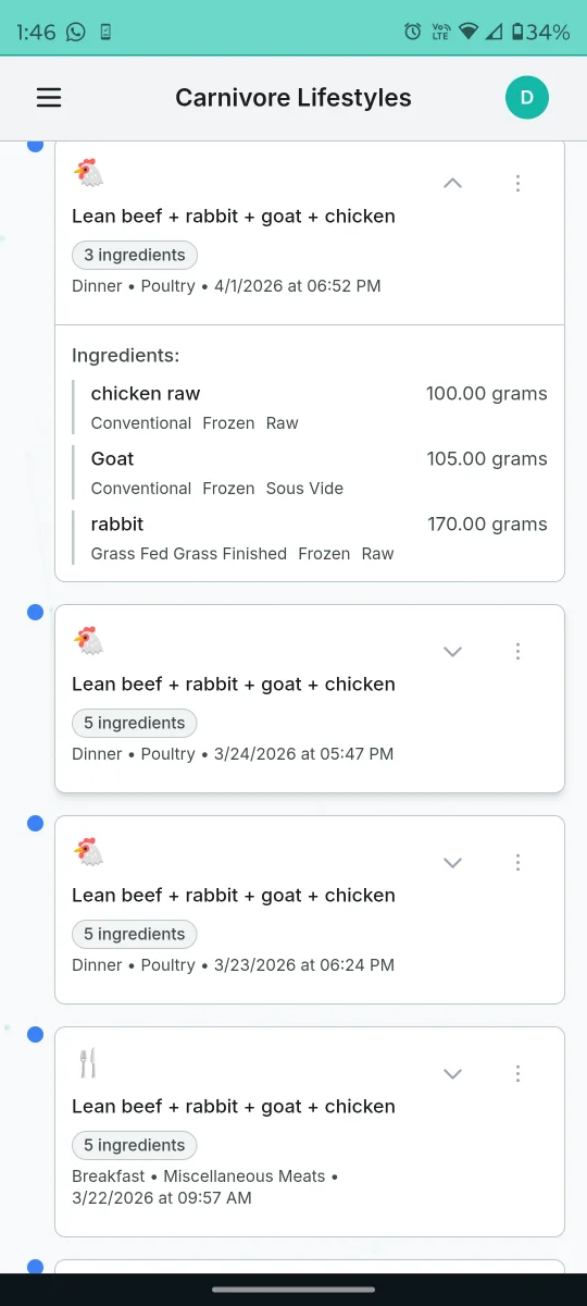 Meal tracking interface showing detailed ingredient logging with gram measurements