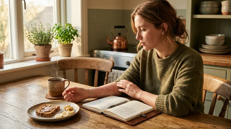 Split-screen timeline showing a meal on Monday and an eczema flare appearing days later