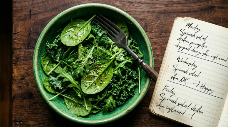 A person sitting at a warm wooden kitchen table, looking thoughtfully at a journal and a plate with simple grilled steak