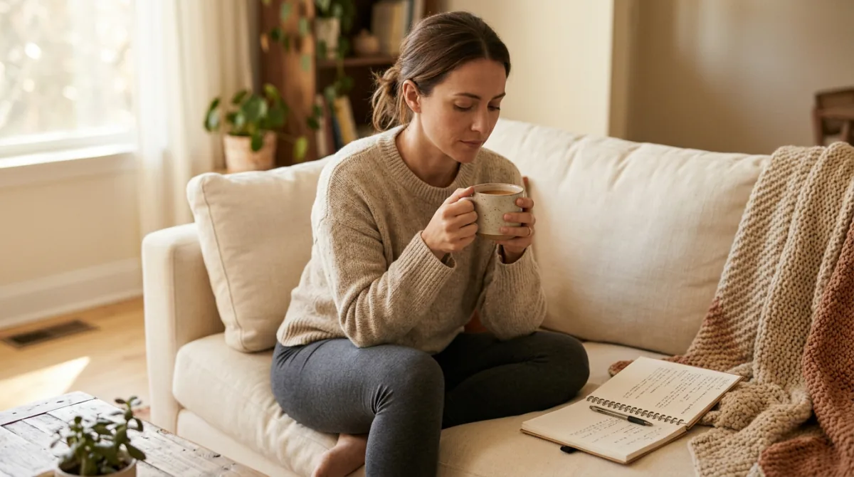 Woman in soft natural light at home with simple whole foods — the methodical work of tracking and identifying endometriosis food triggers
