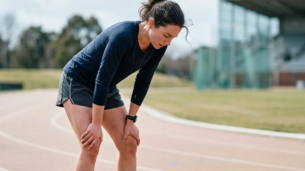 An athlete paused mid-training in bright natural daylight, one hand resting lightly on their stomach, catching their breath and looking down thoughtfully