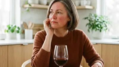 A woman in her late 40s at a kitchen table pausing over a meal with a glass of red wine, hand near a lightly flushed cheek in soft natural window light